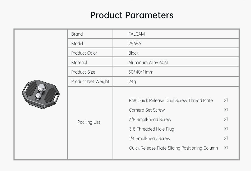 Falcam F38 Quick Release Plate 1/4"-20 and 3/8" Dual Screws Plate