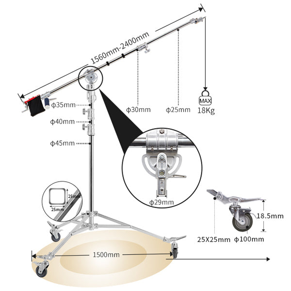 JINBEI BM-300 STEEL BOOM ARM STUDIO LIGHT STAND WITH WHEELS ( MAX LOAD 18KG , 360° ROTATABLE , DOLLY, ADJUSTABLE , HEAVY DUTY)