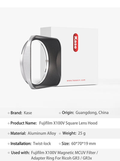 Kase Square Lens Hood for Fujifilm X100VI Series in Silver