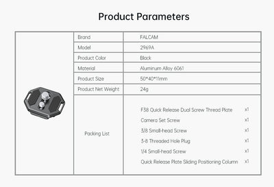 Falcam F38 Quick Release Plate 1/4"-20 and 3/8" Dual Screws Plate