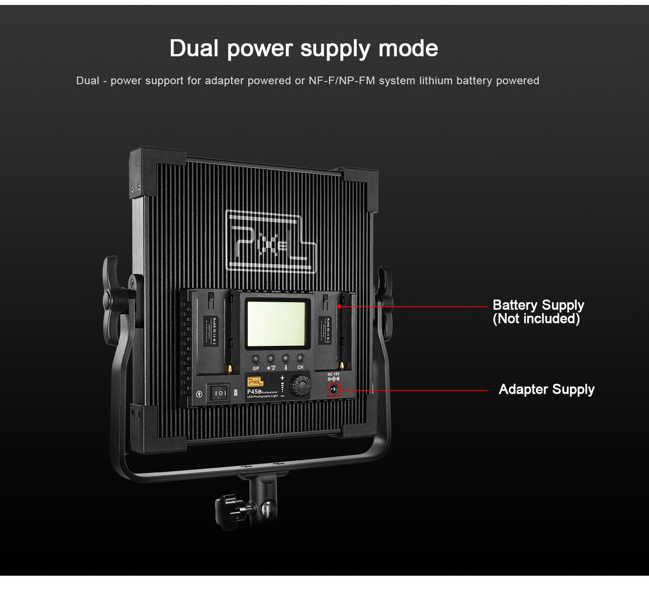 PIXEL VIDEO LED LIGHT P45C 240W BI-COLOR(3000-8000K) Kit(F970 Battery Option:NP-F970 Battery (7200mAh) with Charger)