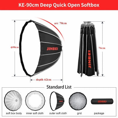 JINBEI 90cm Quick Fold Deep Parabolic Softbox With Grid - Bowens